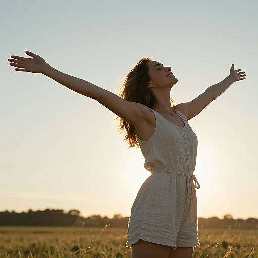Photograph of a woman with long brown hair, wearing a white sleeveless dress, arms raised, basking in sunset light in a grassy field