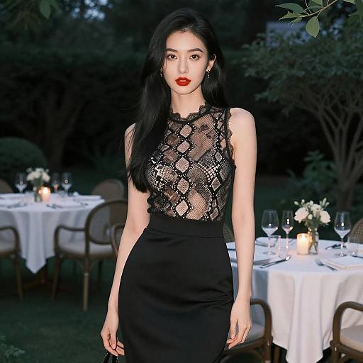 Photograph of an Asian woman with long black hair, red lipstick, wearing a black lace sleeveless top and skirt, standing in a dimly lit