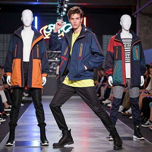 Photograph of a male model in a dark blue jacket with orange and red accents, yellow shirt, black pants, and boots, striking a pose on