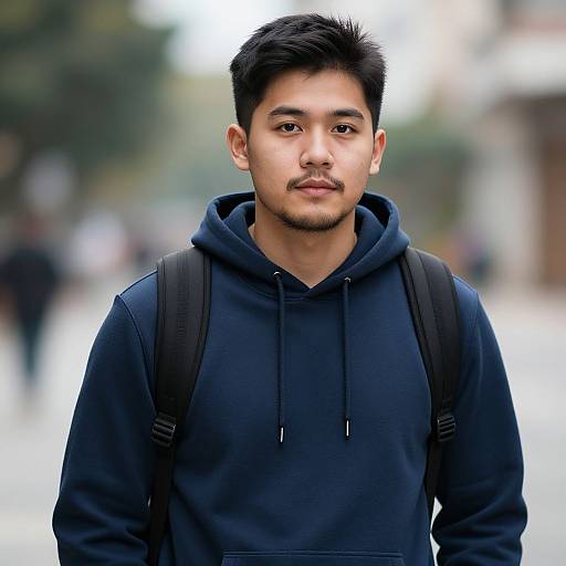 Photograph of an Asian man with short black hair, mustache, wearing a navy hoodie, black backpack, standing outdoors with blurred background.