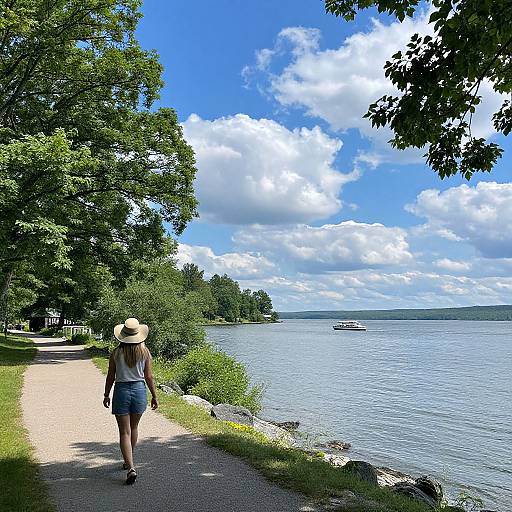 Photograph of a woman in a sunhat and denim shorts walking along a gravel path by a lake, with trees to the left and a boat on