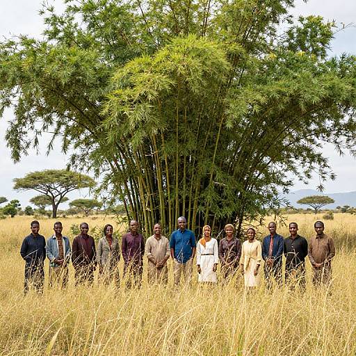 Photograph of 13 African men standing in front of a large green acacia tree in a golden grassy savanna, wearing traditional attire in various