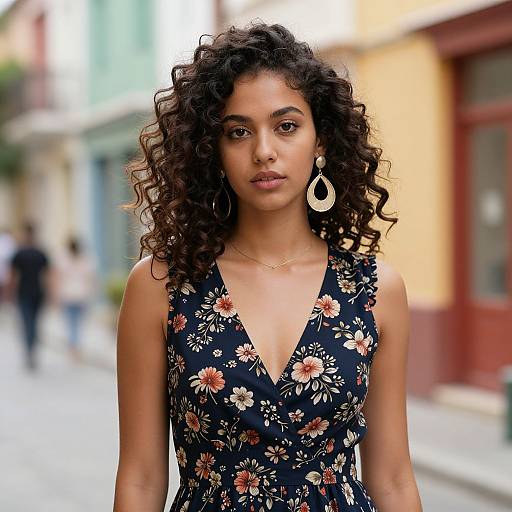 Photograph of a young Black woman with curly hair, wearing a floral navy dress, white teardrop earrings, standing on a colorful street.
