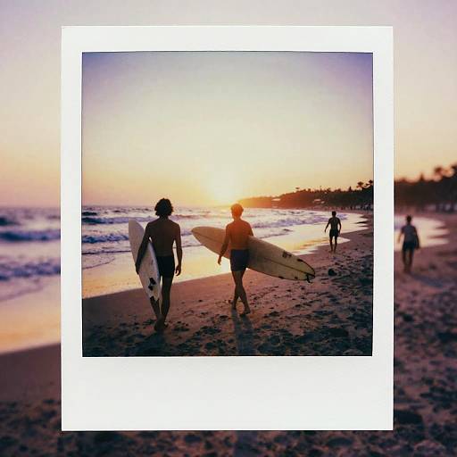 Photograph of silhouetted surfers walking on a sunset beach, holding surfboards, with a white-bordered frame, and four other surfers