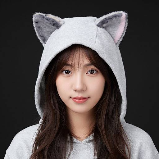 Photograph of an Asian woman with long black hair, wearing a white cat-eared hooded sweatshirt, black background, neutral expression.