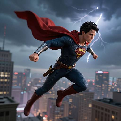 CGI image of Superman mid-jump, lightning bolt above, red cape flowing, blue suit with yellow 