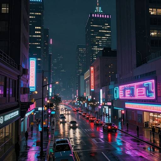 Neon-lit, rain-soaked urban street at night, featuring colorful signs, reflections on wet pavement, and busy cars on a city block.