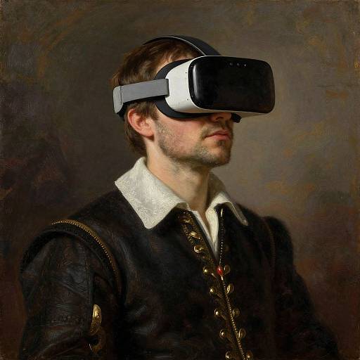 Photograph of a man in a dark, ornate jacket with white collar, wearing a modern VR headset, against a textured brown background.