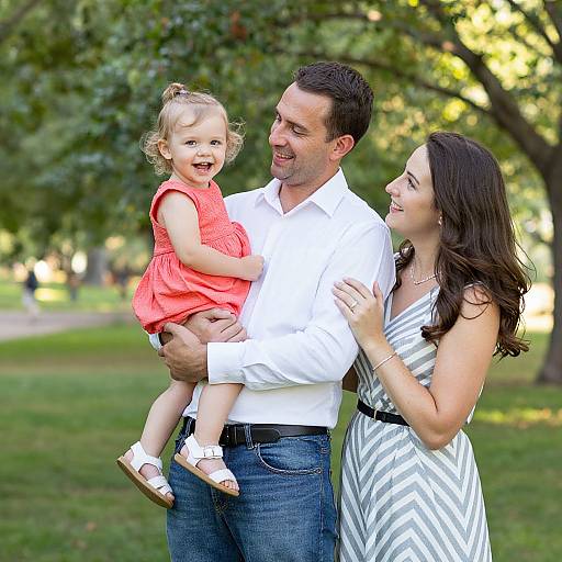 Photograph of a smiling man in a white shirt and jeans, holding a laughing blonde girl in a pink dress, with a woman in a white and