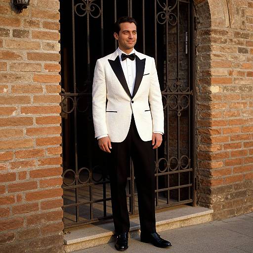 Photograph of a handsome man in a white tuxedo with black lapels and bow tie, standing in front of a brick building with a black