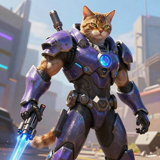 CGI image of a muscular, anthropomorphic tabby cat wearing futuristic, blue-tinged, armored power suit, holding glowing blue sword, standing