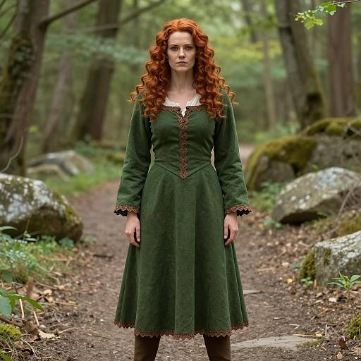 Woman in Green Medieval Dress in Forest
