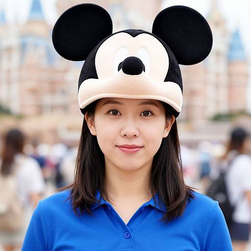 Asian woman with medium-length black hair, wearing a Mickey Mouse hat and blue shirt, smiling in a blurred outdoor crowd.