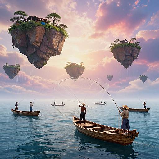 Surreal Fishermen Catching Floating Islands