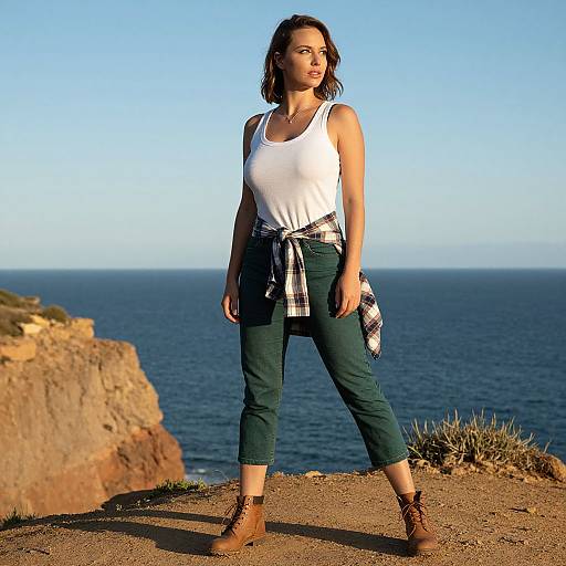 Photograph of a woman with shoulder-length brown hair, white tank top, green capri pants, brown boots, plaid shirt tied around waist,