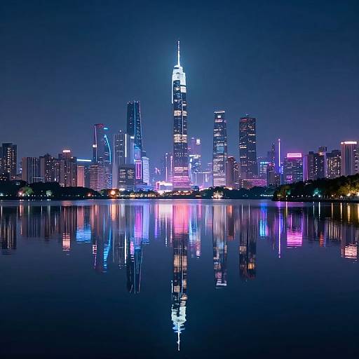 Photograph of a neon-lit city skyline at night, with tall skyscrapers reflecting brightly on a calm, mirror-like water surface.