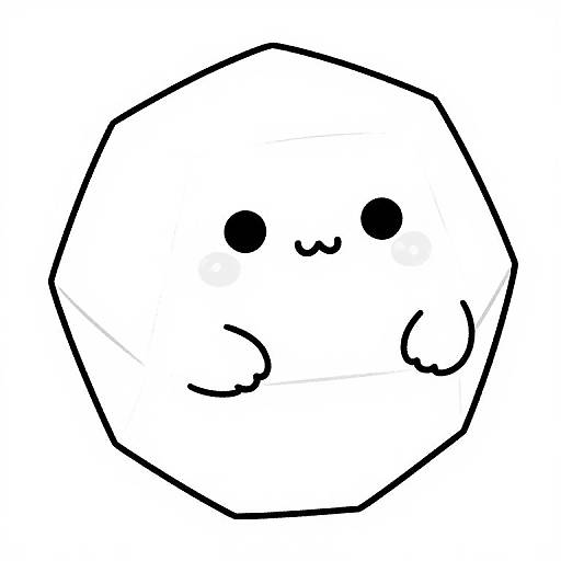 Cute, black-and-white, simple line drawing of a round, smiling, blob-like creature with small, round eyes and paws.