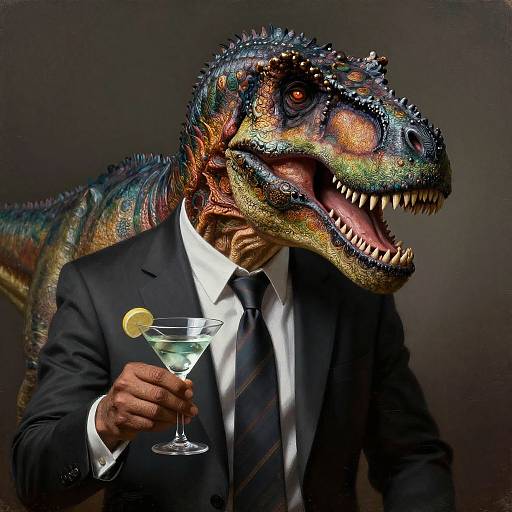 Photograph of a man in a black suit and tie, with a colorful, detailed velociraptor head, holding a martini with a lemon twist