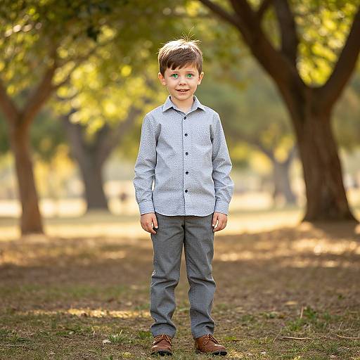 Photograph of a young boy with short brown hair, wearing a light blue button-up shirt, gray pants, and brown shoes, standing in a sun