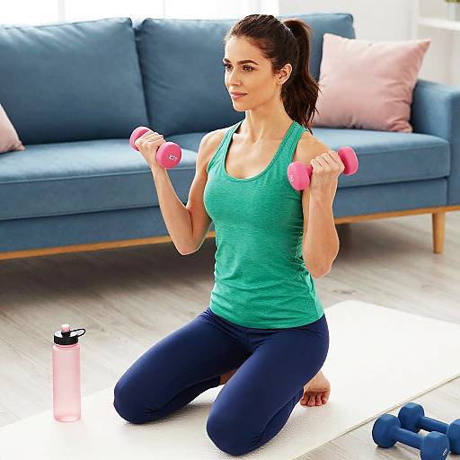 Photograph of a fit woman with brown hair in a ponytail, wearing a green tank top and black pants, kneeling and holding pink dumbbells
