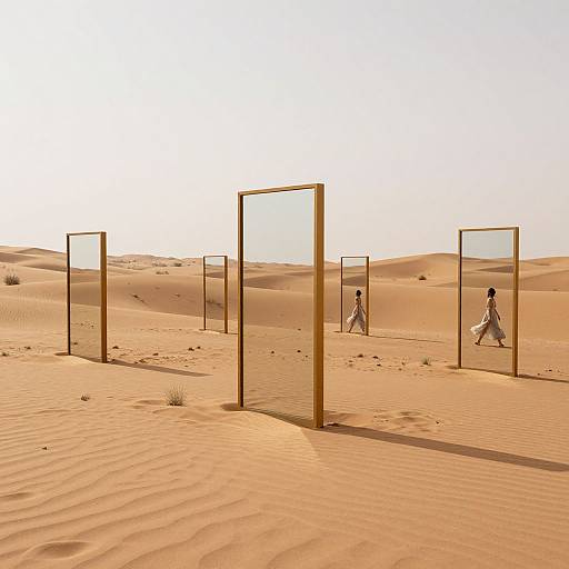 Photograph of a desert with golden sand dunes, featuring several tall, empty glass-framed structures, and two silhouetted figures walking between