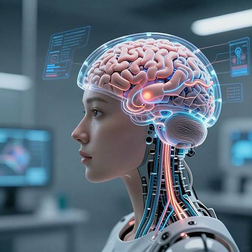 Digital art of a cybernetic woman with a transparent, glowing brain, exposed wires, and futuristic interface overlays in a high-tech lab.