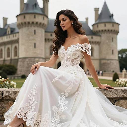 Photograph of a beautiful brunette woman with wavy hair, wearing an off-the-shoulder white lace wedding dress, seated on a stone ledge in