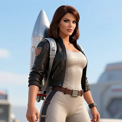 CGI image of a brunette woman with medium-length hair, wearing a black leather jacket, white tight-fitting bodysuit, and brown belt,