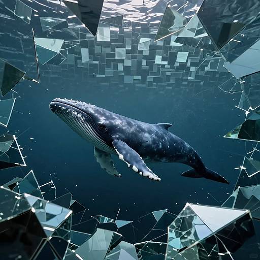 Photorealistic digital artwork of a massive, dark blue and white humpback whale swimming through a underwater field of jagged, reflective glass shards,