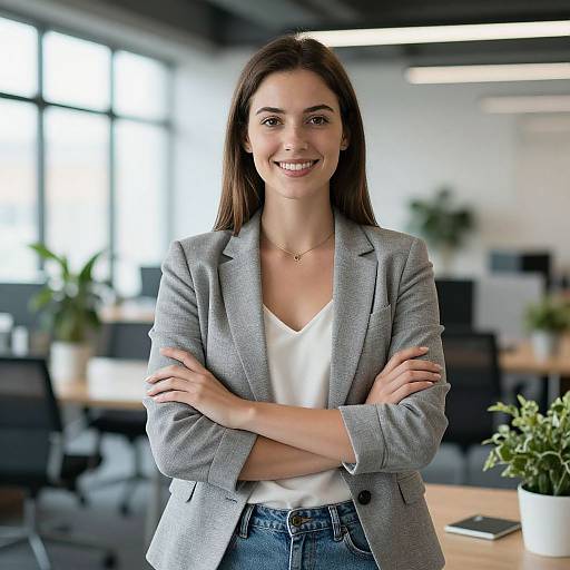 Photograph of a smiling woman with straight brown hair, wearing a gray blazer, white top, and blue jeans, standing in a modern, bright