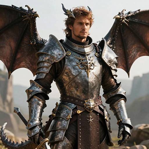 Photograph of a muscular, blond man with dragon wings, wearing detailed, silver medieval armor with horns, standing in a sunlit, rocky landscape.