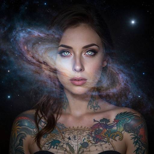 Photograph of a tattooed woman with glowing blue eyes, dark hair, and intricate tattoos, surrounded by a swirling galaxy backdrop.
