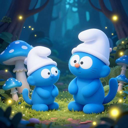 Digital illustration of two blue, cartoonish, mushroom-hat-wearing cats in a glowing, enchanted forest with glowing mushrooms and fireflies.