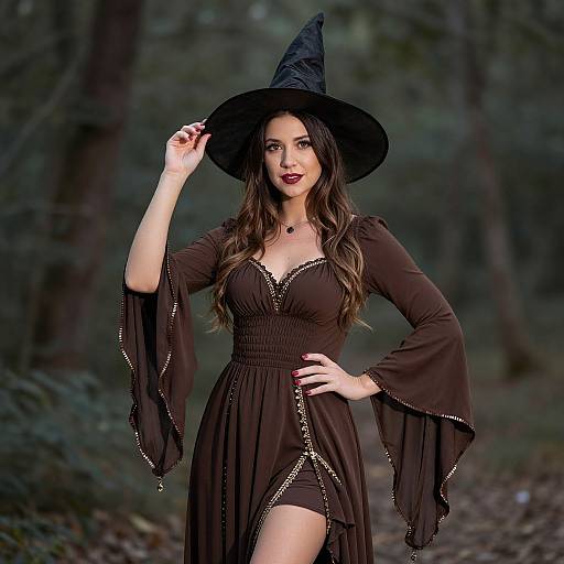 Photograph of a fair-skinned woman with long brown hair, wearing a black witch hat and brown dress with gold trim, standing in a dark,