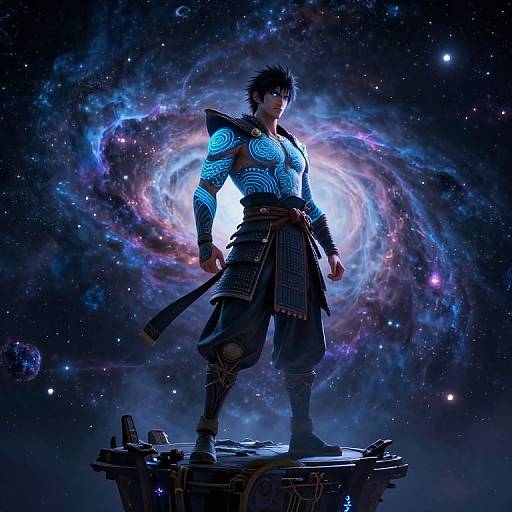 Digital artwork of a muscular, black-haired warrior with glowing blue tattoos, standing on a floating platform, against a swirling galaxy background.