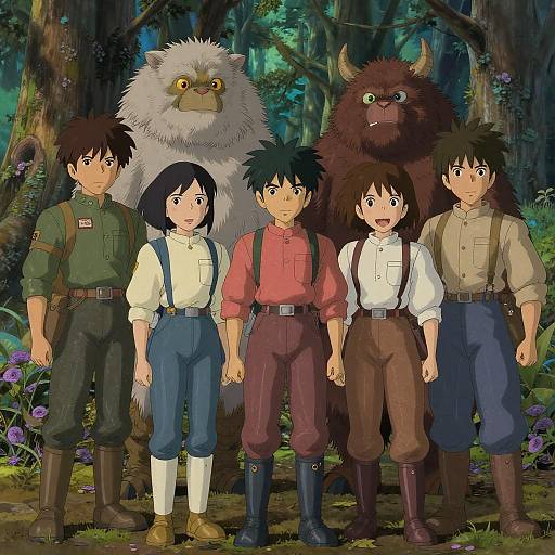 Anime-style forest scene: five children stand with two large, furry, horned creatures; diverse outfits, forest background, vibrant colors, detailed textures.