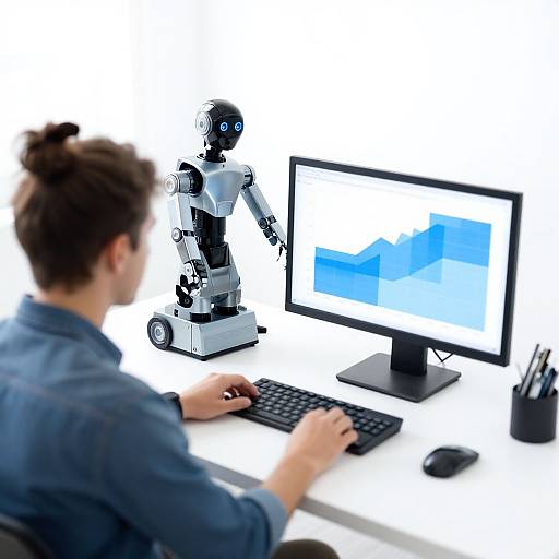 Photograph of a person with brown hair in a bun, wearing a blue shirt, working on a computer with a robotic figure beside a monitor displaying blue