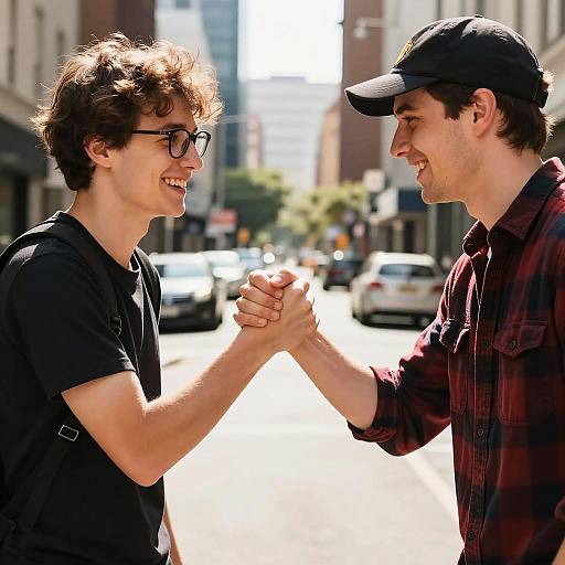 Two Young Men Joyfully Shaking Hands Outdoors