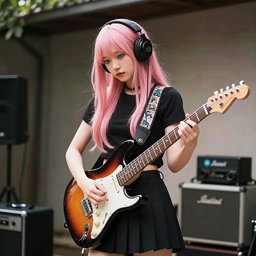 Photograph of a young woman with pink hair, black headphones, black t-shirt, and skirt, playing a sunburst electric guitar outdoors. Background includes