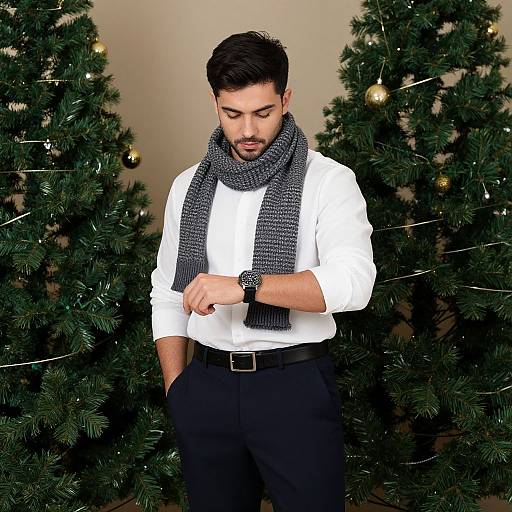 Photograph of a bearded man with dark hair, wearing a white shirt, black pants, and gray scarf, standing between two decorated Christmas trees.