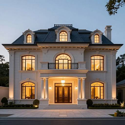 Photograph of a luxurious, two-story, French-style mansion at dusk, with illuminated arched windows, ornate black iron balcony, and warm yellow