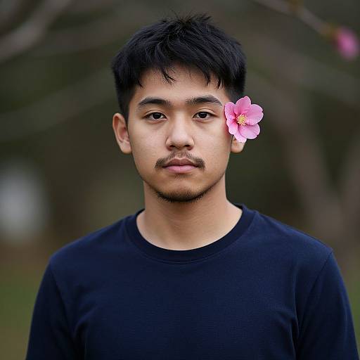 Photograph of a young Asian man with short black hair, mustache, wearing a black shirt, with a pink flower in his hair, against a