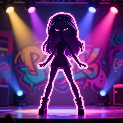 Digital art of a neon-lit, silhouetted, punk-style girl with long hair, pink eyes, and a short skirt, standing confidently