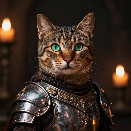 Photorealistic image of a tabby cat with green eyes, wearing shiny, ornate medieval armor, illuminated by warm candlelight.