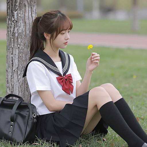 Asian Schoolgirl Sitting by Tree Holding Dandelion