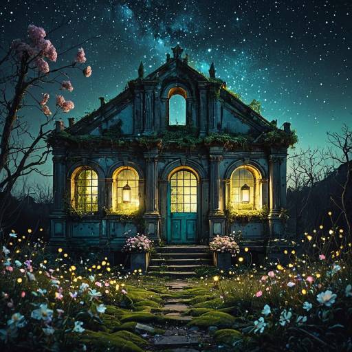 Abandoned Ruin with Glowing Lanterns at Night