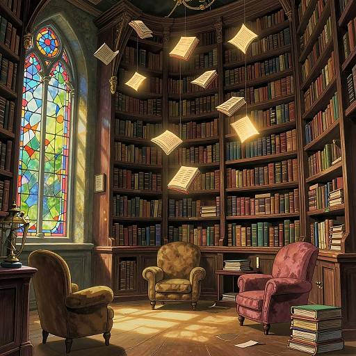 Photograph of a warm, sunlit library with stained glass window, wooden bookshelves, vintage armchairs, hanging paper lanterns, and