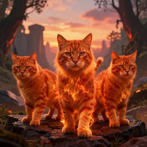 Photorealistic CGI of three glowing orange tabby cats with fiery fur, standing on a rock in a post-apocalyptic, sunset-lit landscape.
