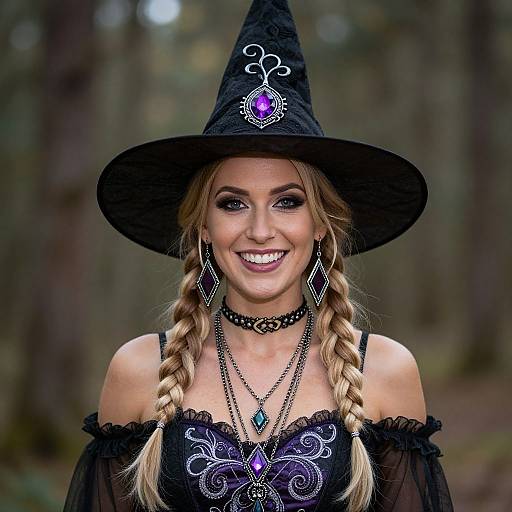 Photograph of a smiling blonde woman with braided hair in a black witch hat, off-shoulder lace top, choker, and diamond earrings