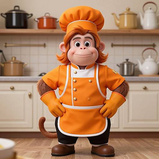 CGI cartoon monkey chef in orange uniform, hat, gloves, standing in kitchen with pots and pans on shelves, smiling confidently.